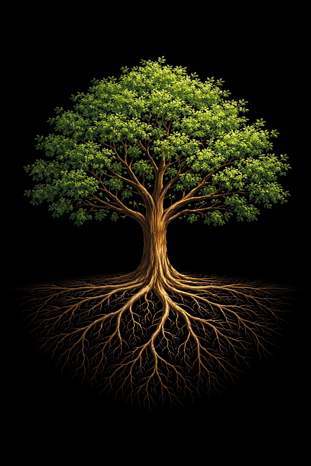 Illustration of a tree with a canopy of green leaves mirrored by a golden root system